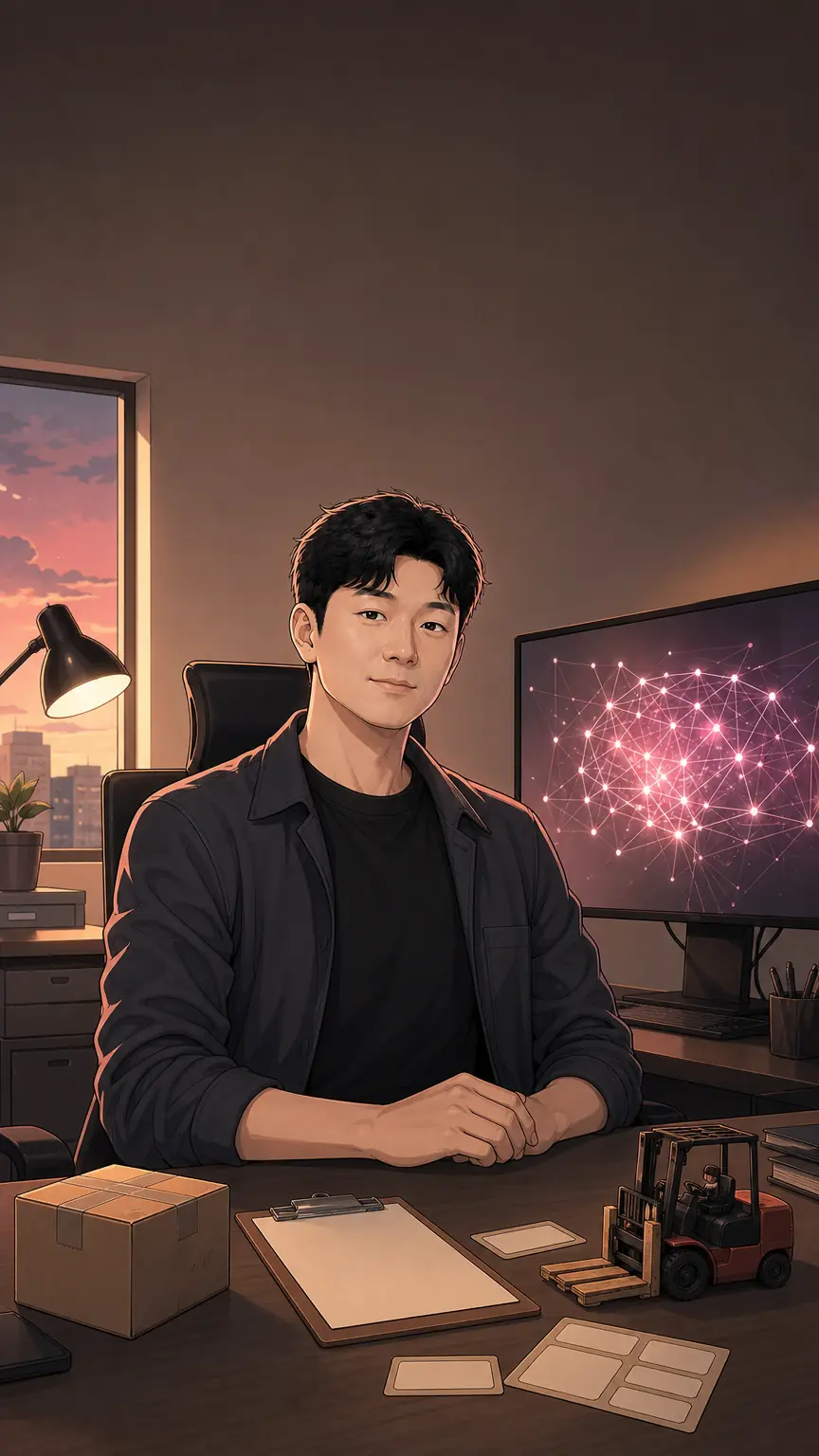 물류 상자와 연결망 화면이 놓인 책상에 앉은 줄갭 대표