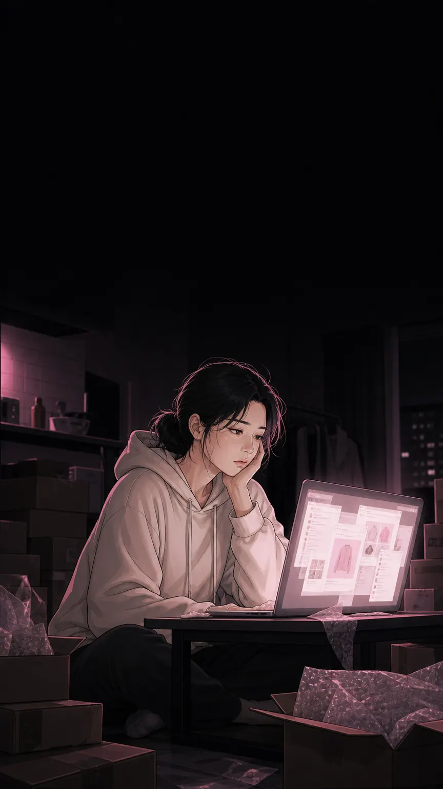 밤 11시, 노트북 앞에서 턱을 괸 온라인 셀러