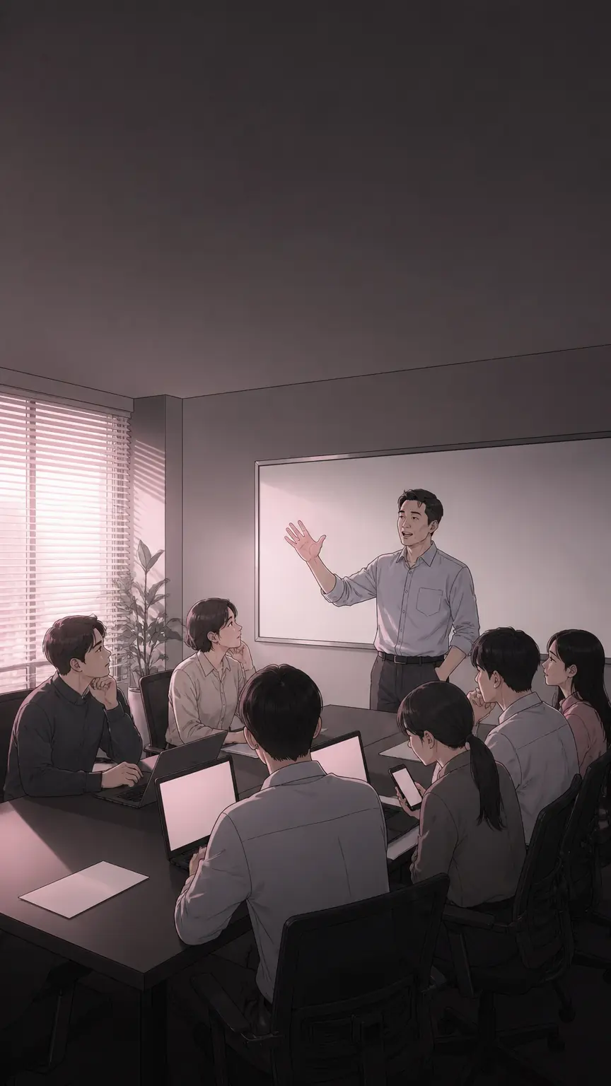 월요일 회의실에서 AI를 써 보자고 말하는 대표와 직원들