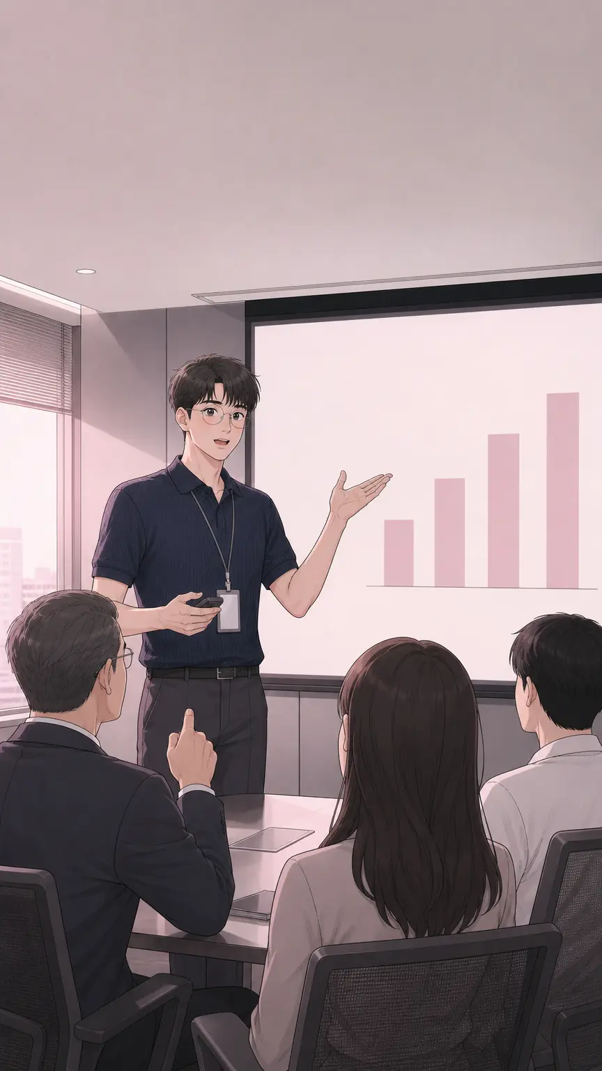 회의실에서 성과를 발표하는 담당자와 고개를 끄덕이는 상사