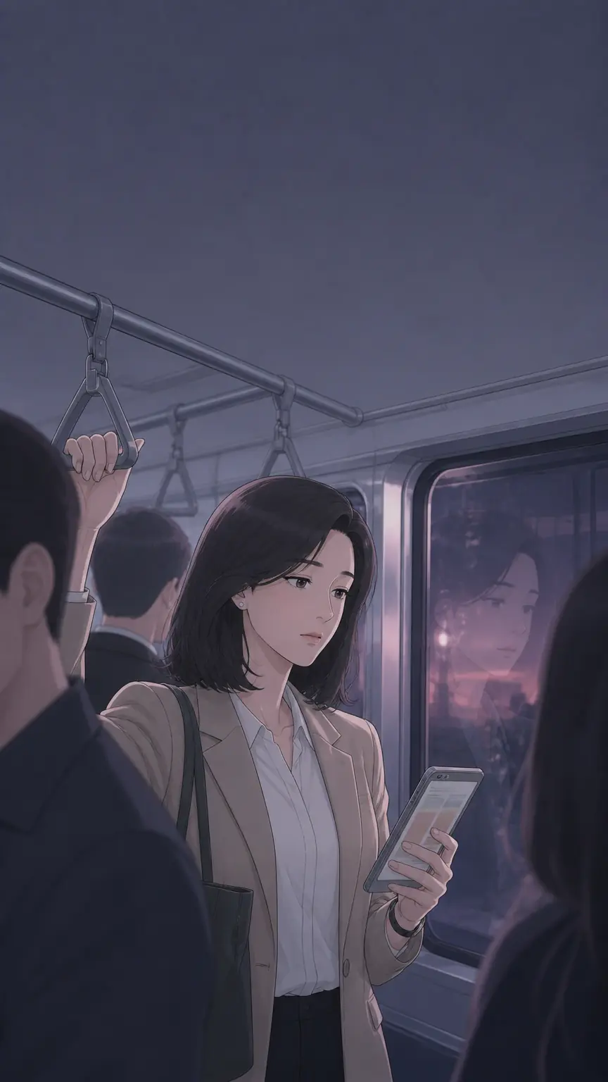 퇴근길 지하철에서 휴대폰을 보며 생각에 잠긴 과장